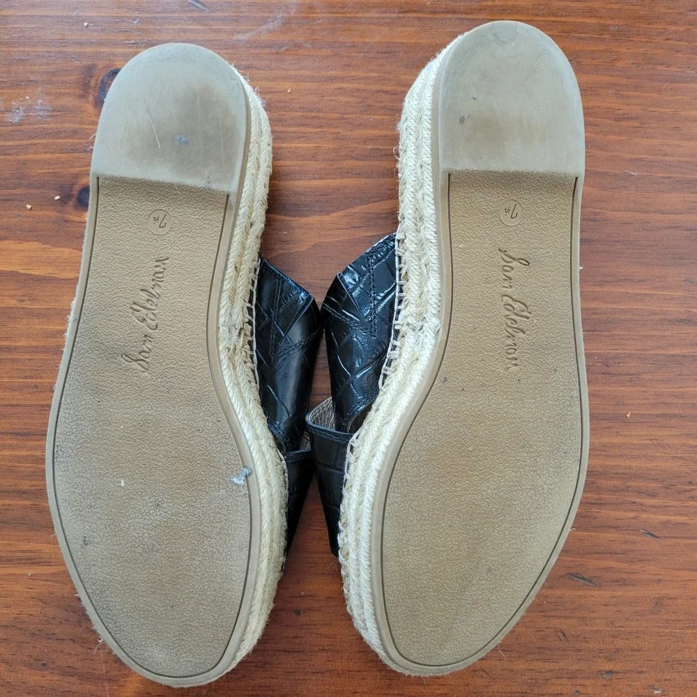 Sam Edelman NATTY Black Croc Embossed Leather Espadrille Platform‎ Slides 7.5M